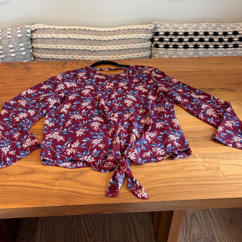 Madewell Floral Tie Front Blouse Womens Medium Burgundy Long Sleeve V-Neck Boho - Picture 3 of 7